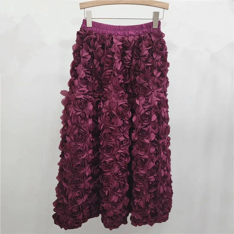 Skirt for Women 2025 Summer Versatile Three Dimensional Flower Mid-calf Skirt High Waist Big Swing Fashion A-line Long Skirts