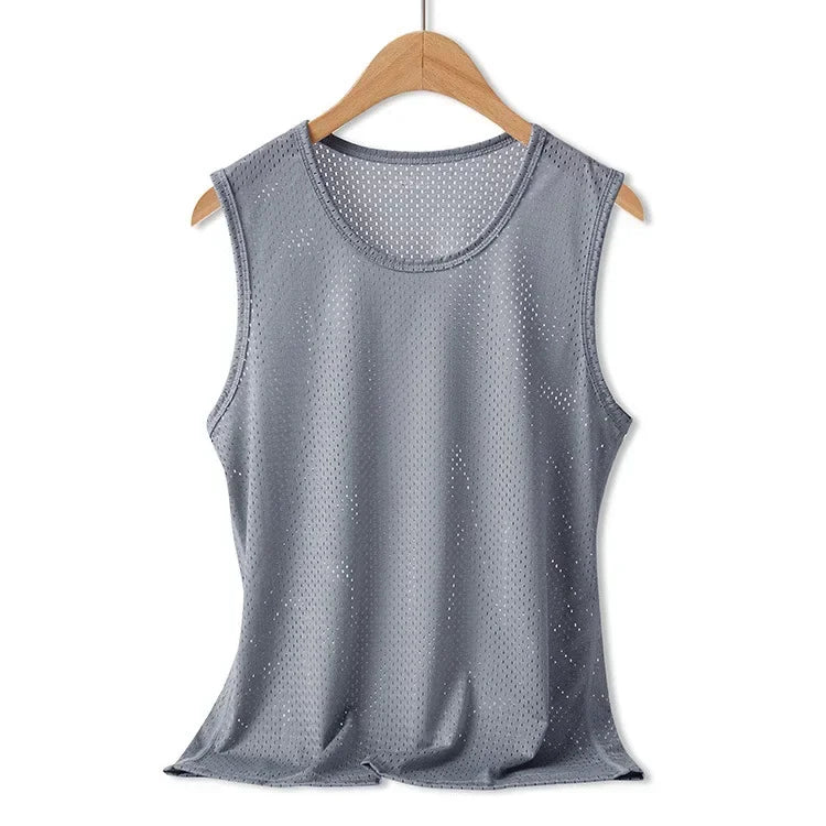 Men Tops Ice Silk Vest Outer Wear Quick-Drying Mesh Hole Breathable Sleeveless T-Shirts Summer Cool Vest Beach Travel Tanks