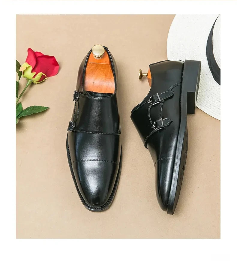 Men Business Dress Shoes Black Brown Side Double Button Leather Shoes European Fashion Versatile Suit Le Fu Shoes Size 38-46