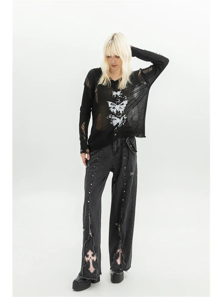 Women Clothing Black Gothic Jeans Pink Cross Y2k Oversize Loose Aesthetic Denim Trousers Harajuku Korean 2000s Jean Trashy Pants