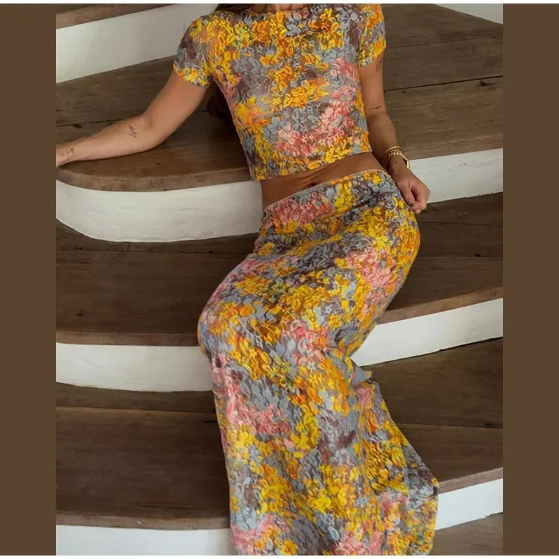 Women Elegant Printing Skirt Suit Chic Round Neck Half Sleeve Top High Waist Slim Fit 2-piece Set 2025 New Summer Fashion Outfit