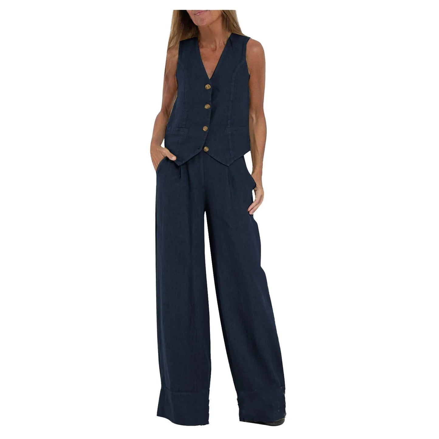 Trendy Vest & Pants Suit Set - Sleeveless 2-Piece with Color Block Stitching