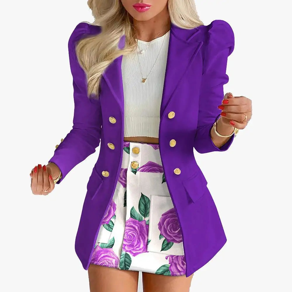 Fashion Versatile Matching Suit and Skirt Women's Casual Floral Print Puff Sleeve Blazer Coat & Skirt Set Ladies Two Piece Suit