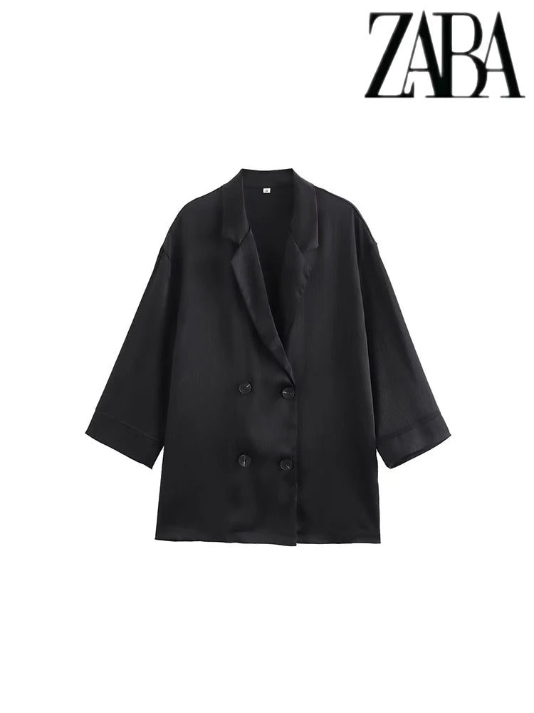 TRAF Women's Pure Colour Casual Commuter Suit Suit Double Breasted Lapel Jacket High Waisted Wide Leg Pants Women's Two Pieces