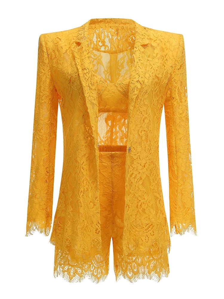 Women Lace Suit 3 Piece Set Sexy Yellow Short Top + Single Button Blazer + Shorts Sets Jacket Coat Suits Party Evening Cocktail