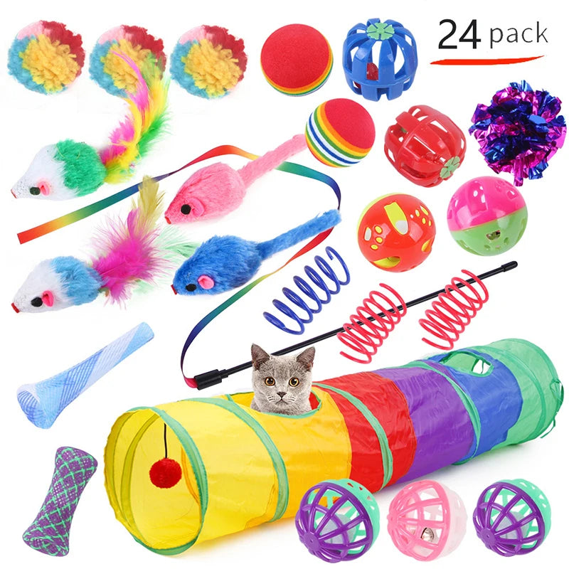 Cat Toys Rainbow Tunnel Set Foldable Cat Kitten Play Tunnel Chat Mouse Supplies Simulation Fish Cat Accessories