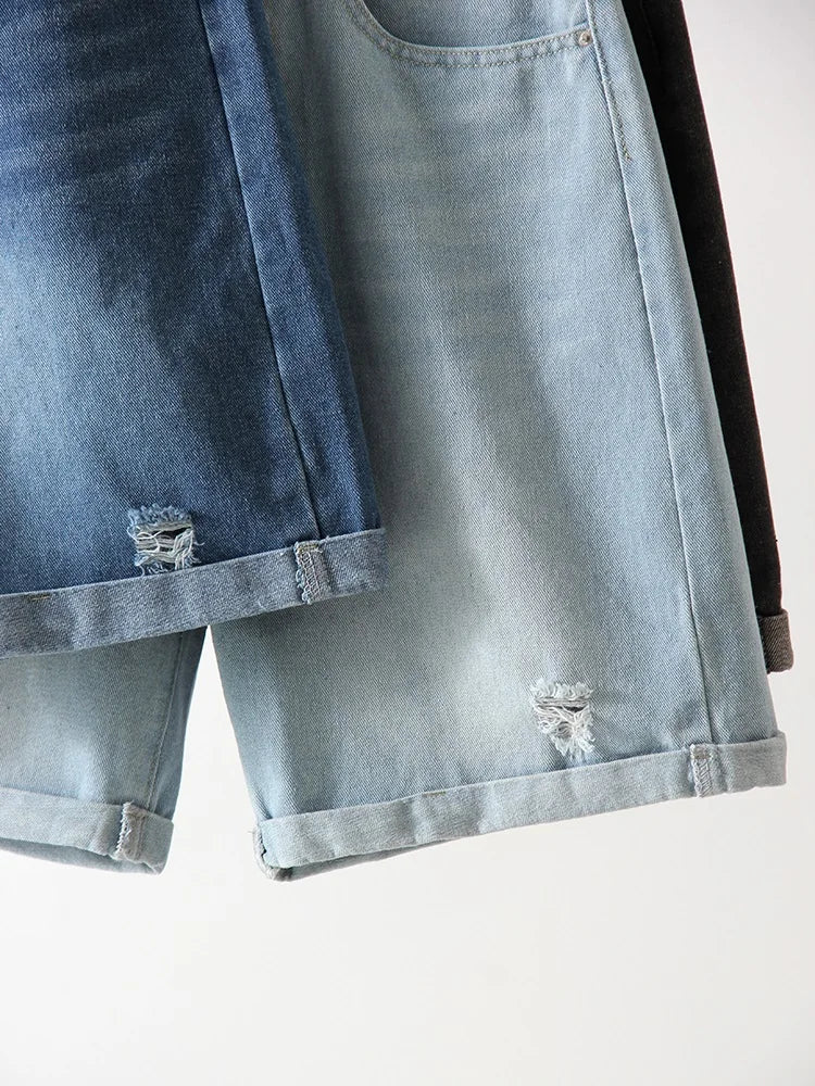 Women Denim Shorts Ripped Wide Leg Black High Waist Short Jeans Straight Leg Blue Denim Shorts For Women Summer Jean Shorts
