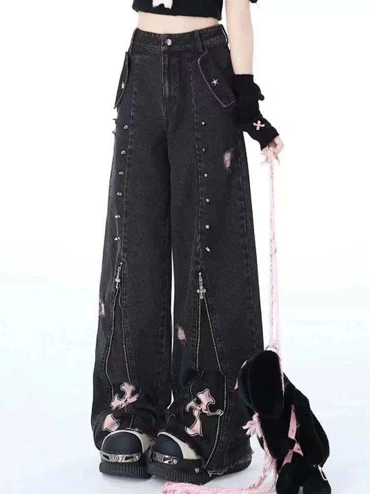 Women Clothing Black Gothic Jeans Pink Cross Y2k Oversize Loose Aesthetic Denim Trousers Harajuku Korean 2000s Jean Trashy Pants