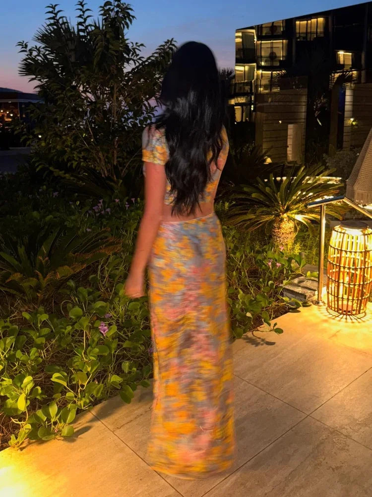 Women Elegant Printing Skirt Suit Chic Round Neck Half Sleeve Top High Waist Slim Fit 2-piece Set 2025 New Summer Fashion Outfit