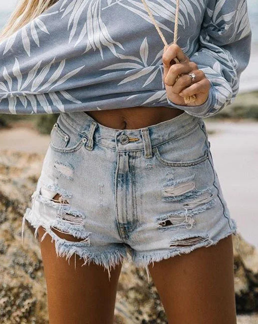 Summer Women Ripped Washed Hole Hight Waist Denim Pants Short Bermuda Pant Casual Tassel Tight Five-point Stitch Street Pants