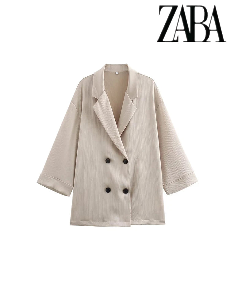 TRAF Women's Pure Colour Casual Commuter Suit Suit Double Breasted Lapel Jacket High Waisted Wide Leg Pants Women's Two Pieces