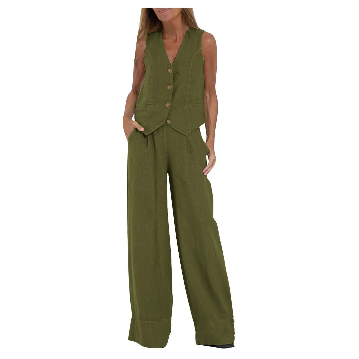 Trendy Vest & Pants Suit Set - Sleeveless 2-Piece with Color Block Stitching