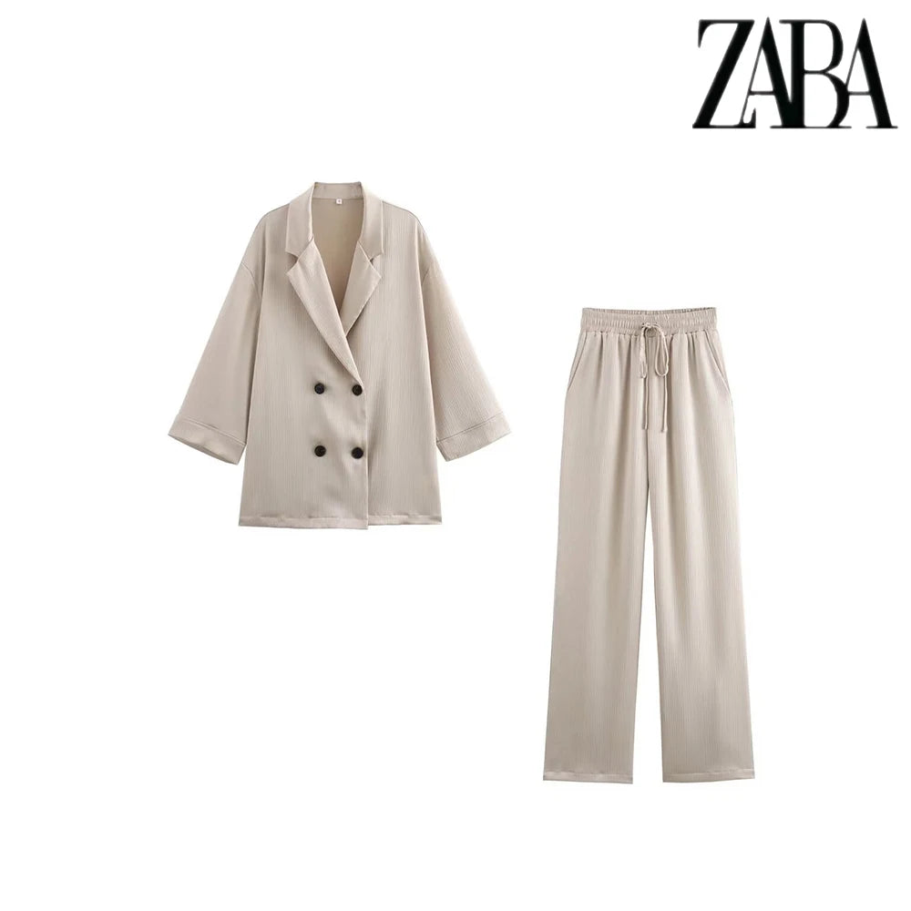 TRAF Women's Pure Colour Casual Commuter Suit Suit Double Breasted Lapel Jacket High Waisted Wide Leg Pants Women's Two Pieces