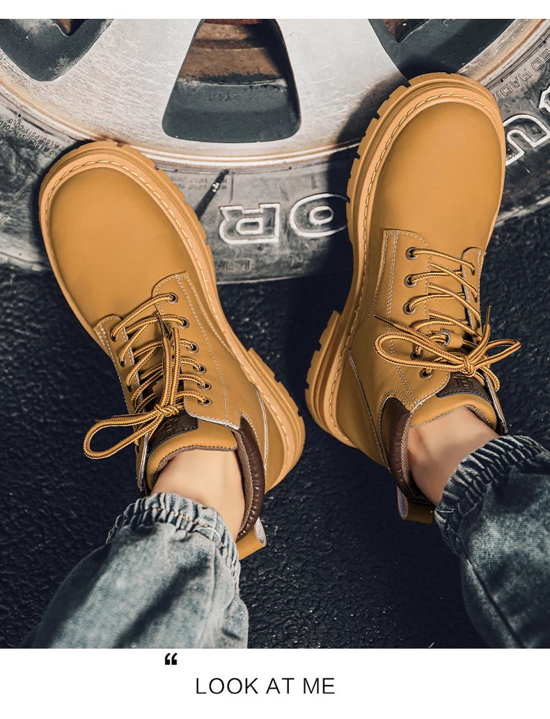 Men's high top boots four season outdoor work shoes anti slip and comfortable yellow boots fashion British casual leather boots