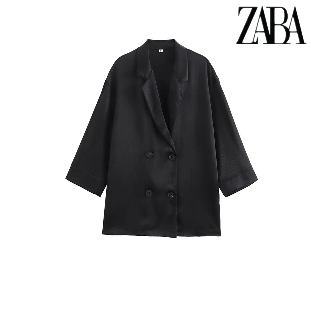 TRAF Women's Pure Colour Casual Commuter Suit Suit Double Breasted Lapel Jacket High Waisted Wide Leg Pants Women's Two Pieces