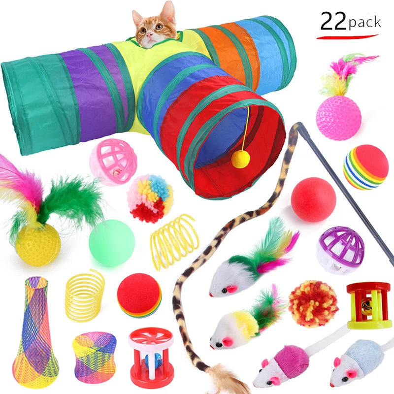 Cat Toys Rainbow Tunnel Set Foldable Cat Kitten Play Tunnel Chat Mouse Supplies Simulation Fish Cat Accessories