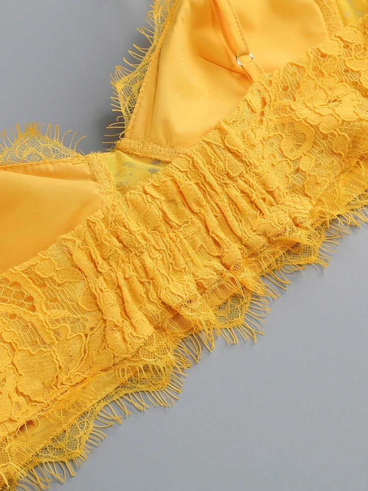 Women Lace Suit 3 Piece Set Sexy Yellow Short Top + Single Button Blazer + Shorts Sets Jacket Coat Suits Party Evening Cocktail