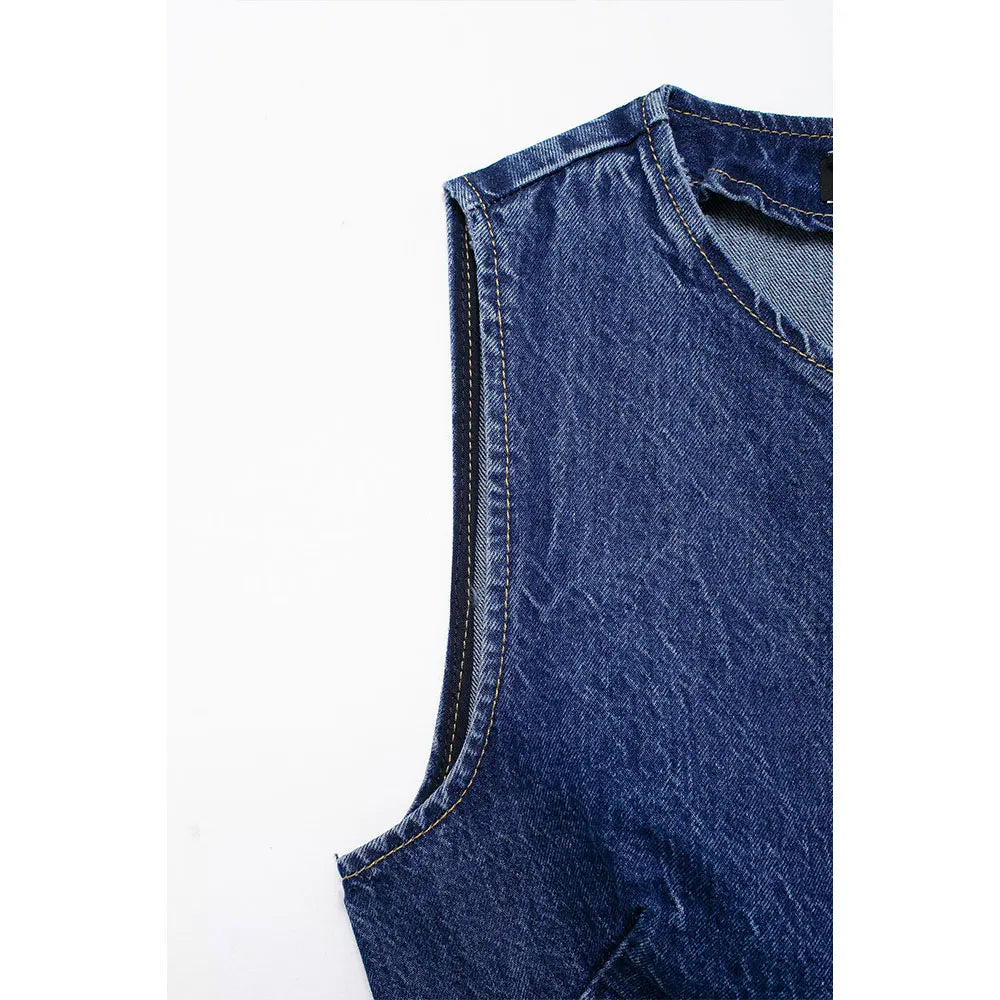 DUOPERI Women 2 piece sets Denim Waistcoat V-Neck Sleevele and Wide Leg Denim Long Trousers Suits Female Chic Lady Casual Outfit
