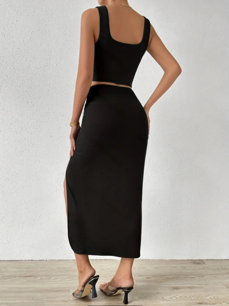 Summer Women's Suit Women's Party Style Sexy Separate Matching Dress Sleeveless Square Collar Vest Top Side Slit Long Skirt Suit