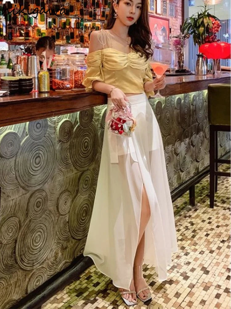 White Skirts for Women Temperament Summer Jupe 2025 Faldas Mujer De Moda High Waist Patchwork Chiffon Skirt Chic Korean Saia