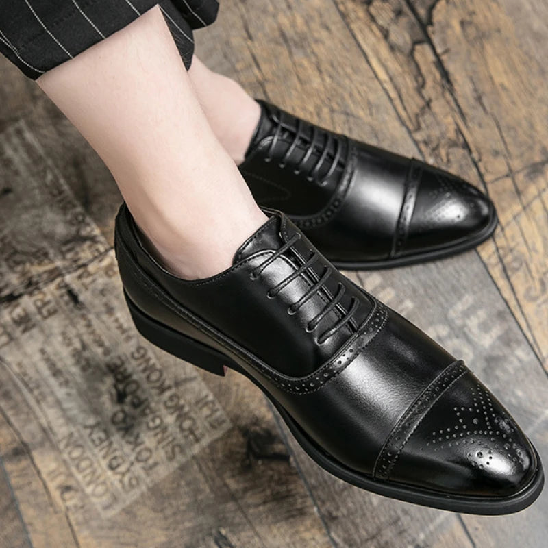 Men's Dress Shoes Red Sole Leather Shoes Pointed Party Shoe Lace-up Office Oxfords Casual Wedding Shoe Retro Business Men Shoes