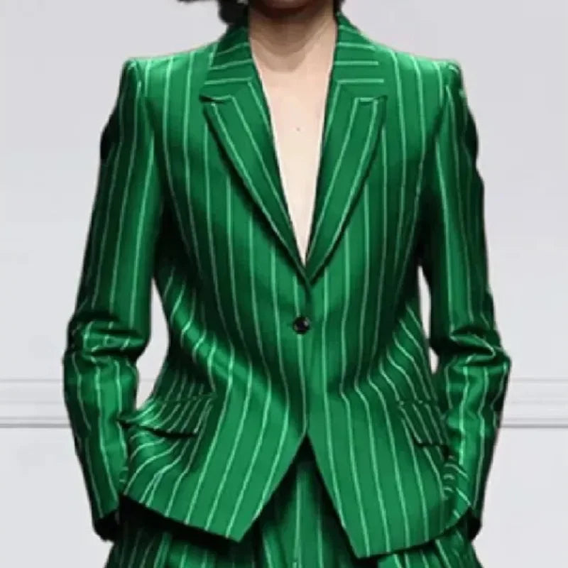 Beautyblue Blazer Set Women's Trouser Suit Outerwear Striped Trousers New Vintage Loose Wide Leg Long Sleeves Suit Costume Femme