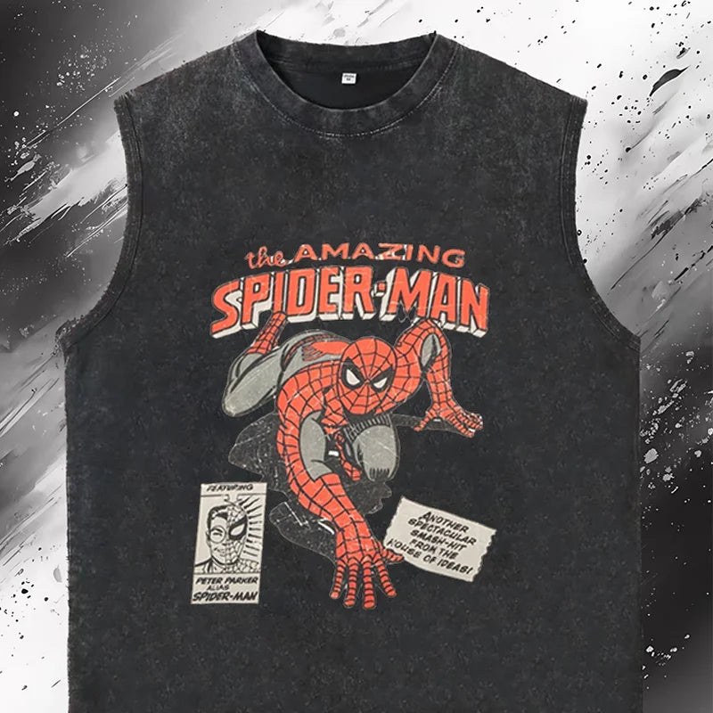 Men's Tank Tops Marvel's Spider-Man Graphic Print Vintage Washed Oversized Gym Vest Woman's T Shirt Sleeveless Y2k Clothes Tees