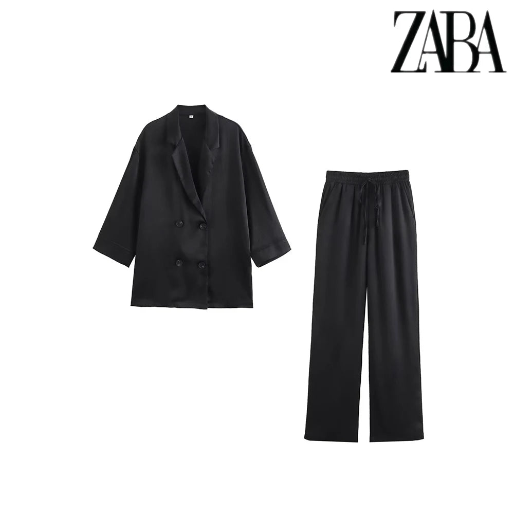 TRAF Women's Pure Colour Casual Commuter Suit Suit Double Breasted Lapel Jacket High Waisted Wide Leg Pants Women's Two Pieces