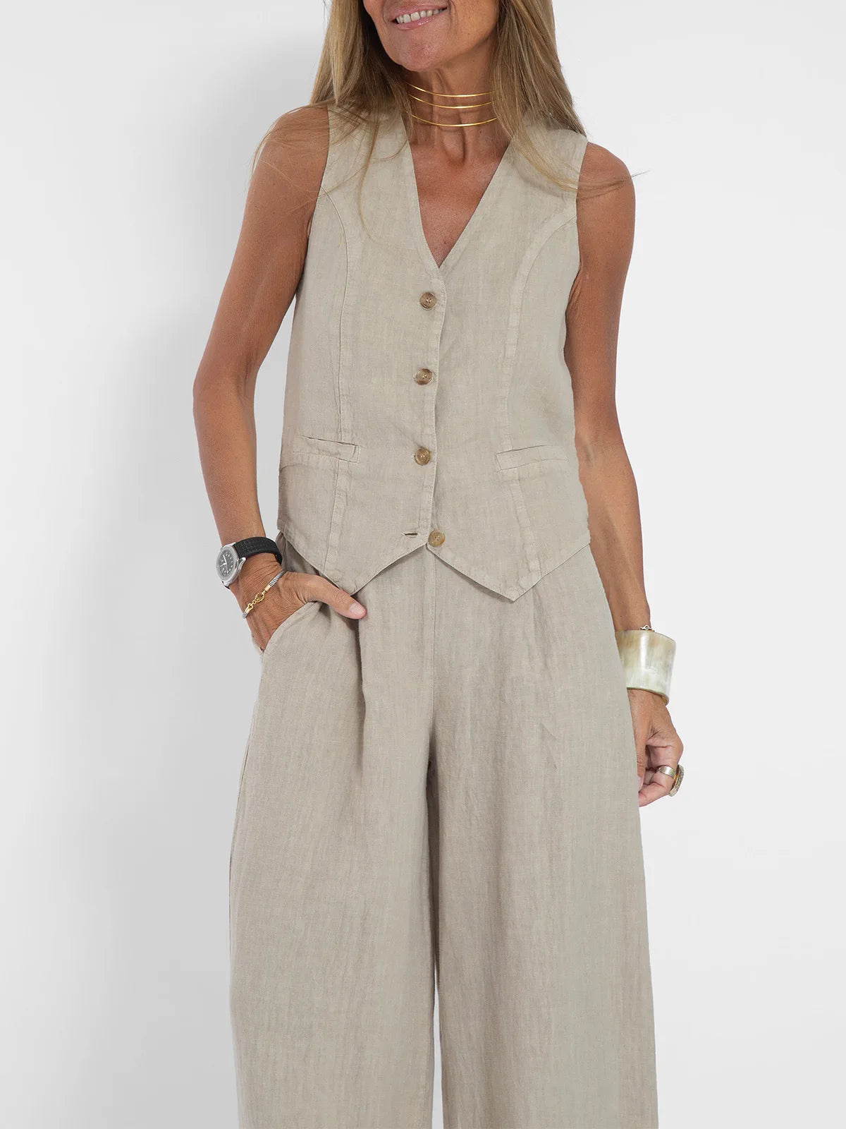 Trendy Vest & Pants Suit Set - Sleeveless 2-Piece with Color Block Stitching