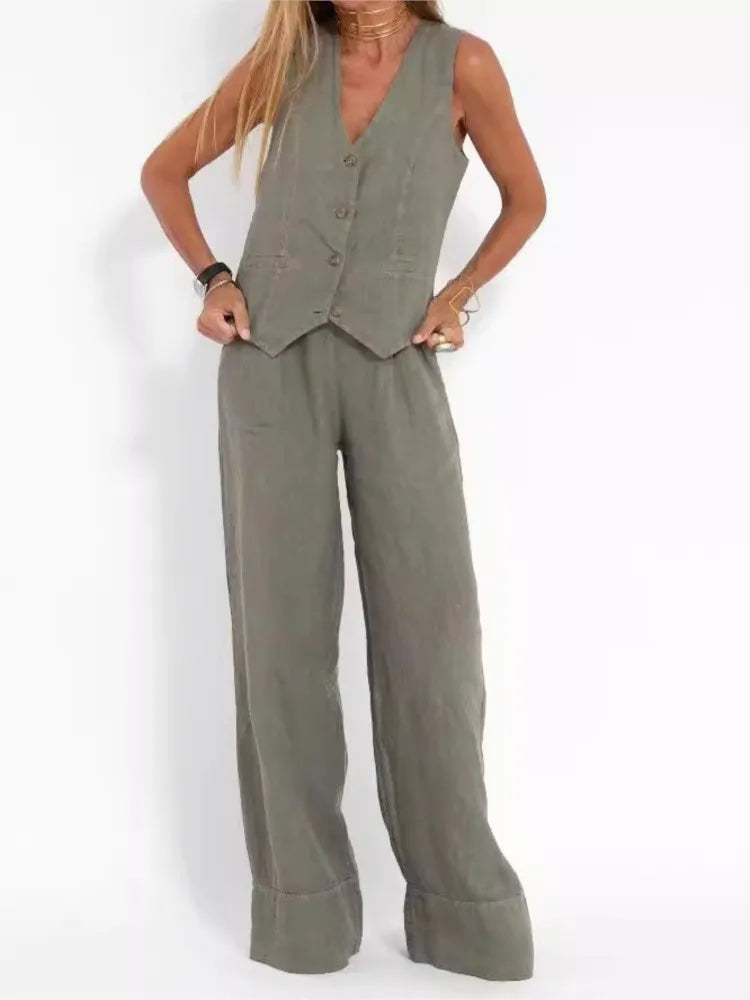 Trendy Vest & Pants Suit Set - Sleeveless 2-Piece with Color Block Stitching