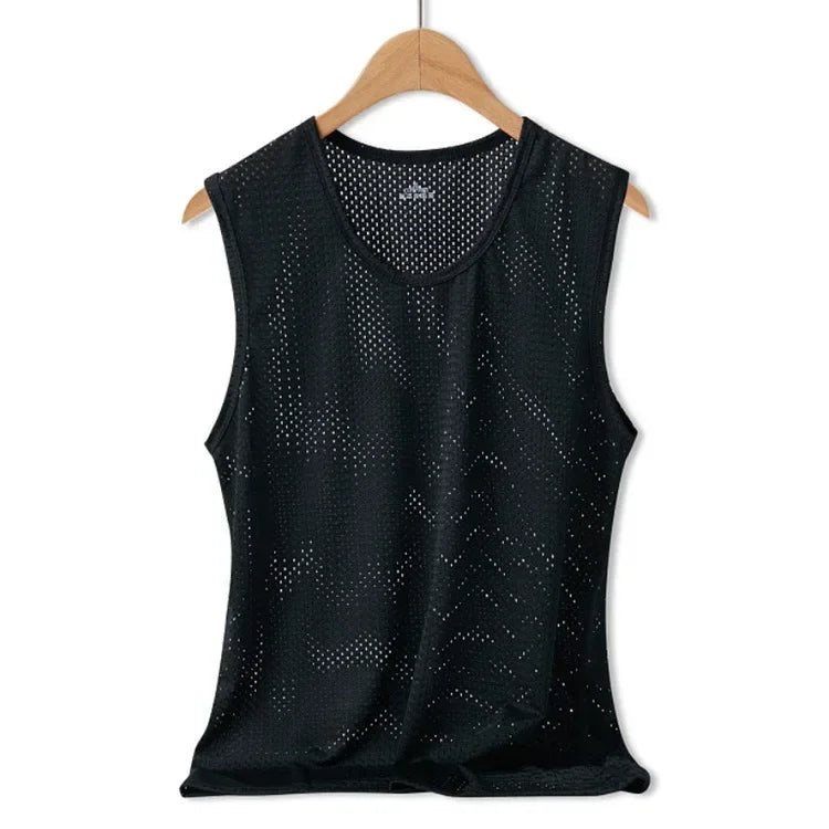Men Tops Ice Silk Vest Outer Wear Quick-Drying Mesh Hole Breathable Sleeveless T-Shirts Summer Cool Vest Beach Travel Tanks