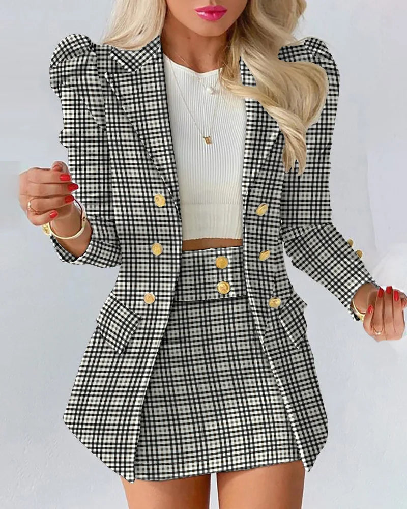 Fashion Versatile Matching Suit and Skirt Women's Casual Floral Print Puff Sleeve Blazer Coat & Skirt Set Ladies Two Piece Suit