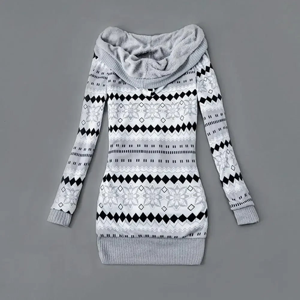 Women Cardigan Striped Print Long Sleeve Sweater Coat Buttons Closure Hooded Plush Lining Sweater Outerwear For Autumn Winter