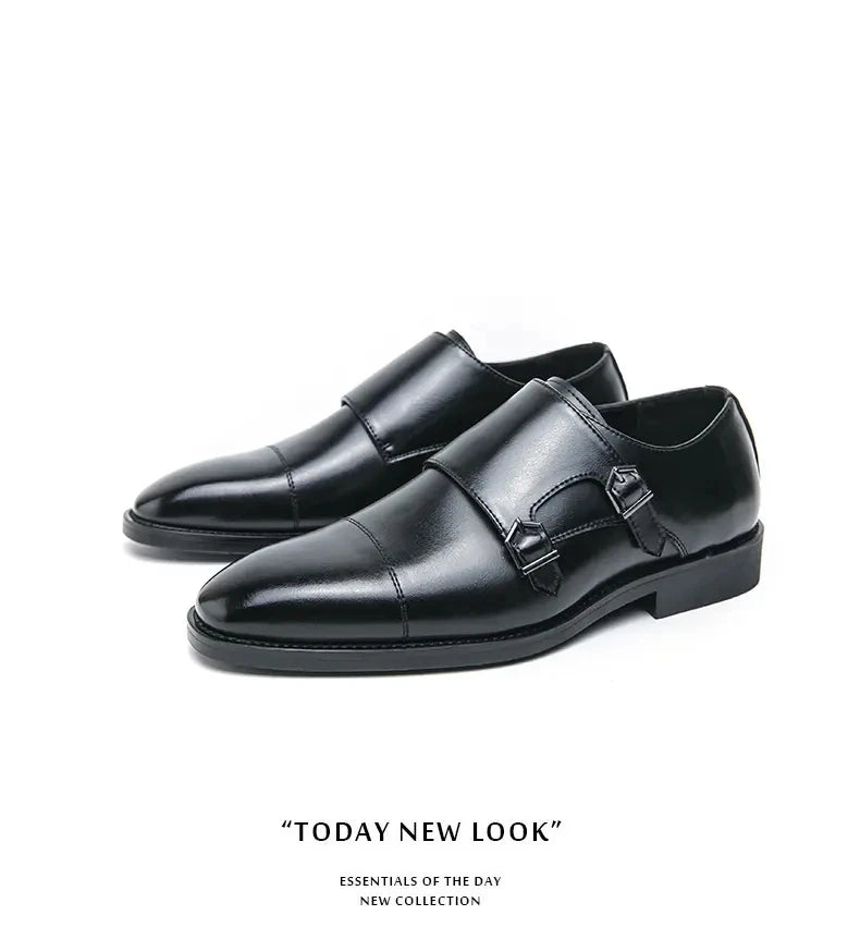 Men Business Dress Shoes Black Brown Side Double Button Leather Shoes European Fashion Versatile Suit Le Fu Shoes Size 38-46
