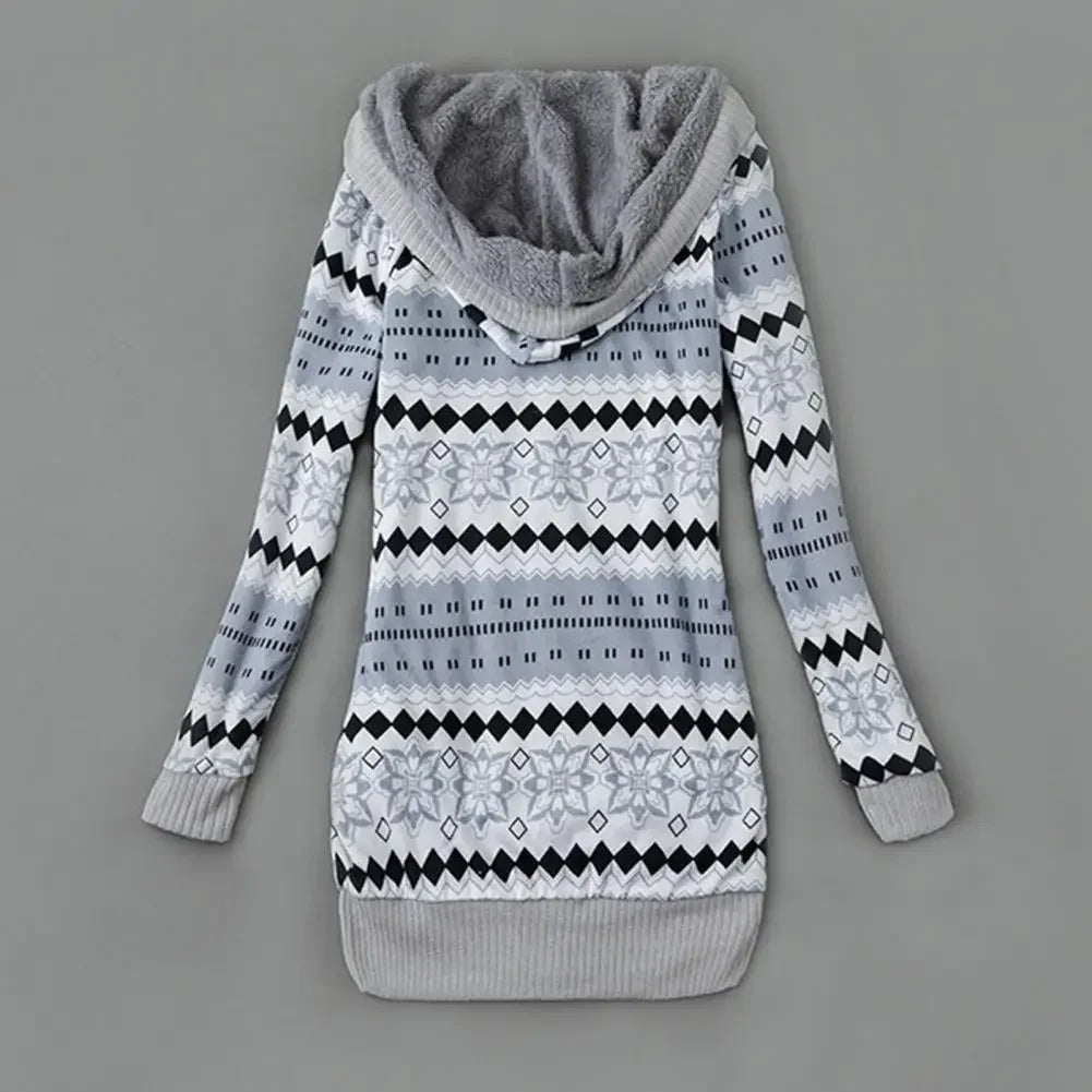 Women Cardigan Striped Print Long Sleeve Sweater Coat Buttons Closure Hooded Plush Lining Sweater Outerwear For Autumn Winter