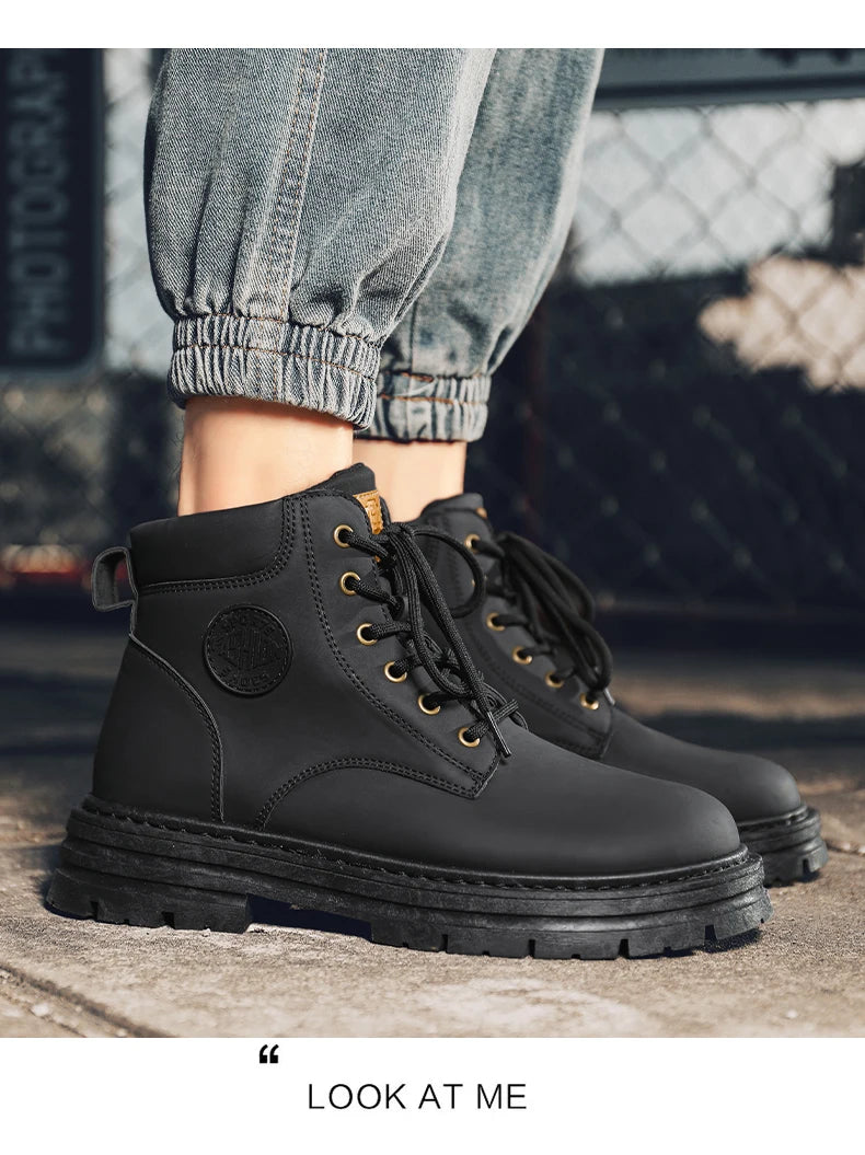 Men's high top boots four season outdoor work shoes anti slip and comfortable yellow boots fashion British casual leather boots