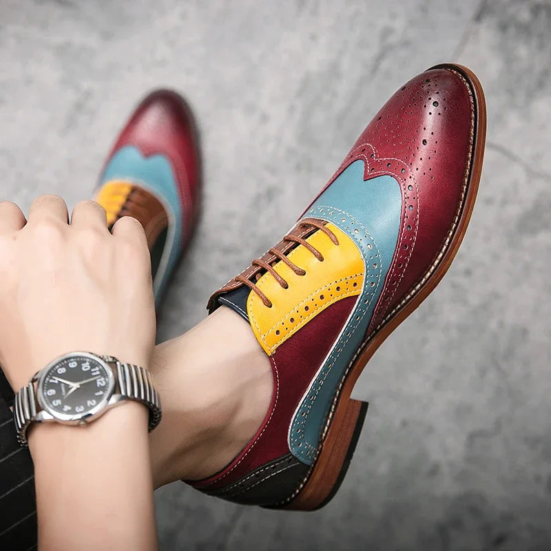 Men Business Dress shoe Colorful Lace up Fashion Man Casual Leather Oxfords shoes Flat Leisure Wedding Party shoe Men Big Size
