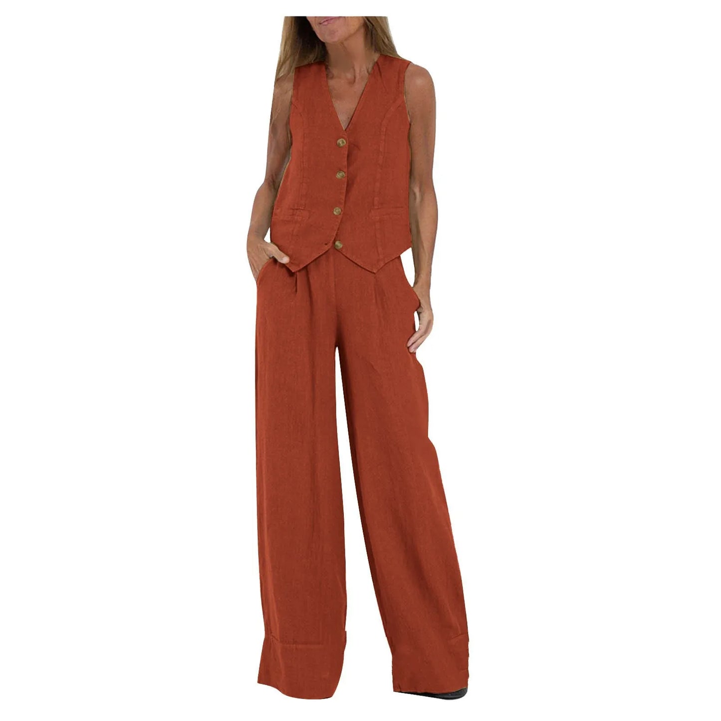 Trendy Vest & Pants Suit Set - Sleeveless 2-Piece with Color Block Stitching