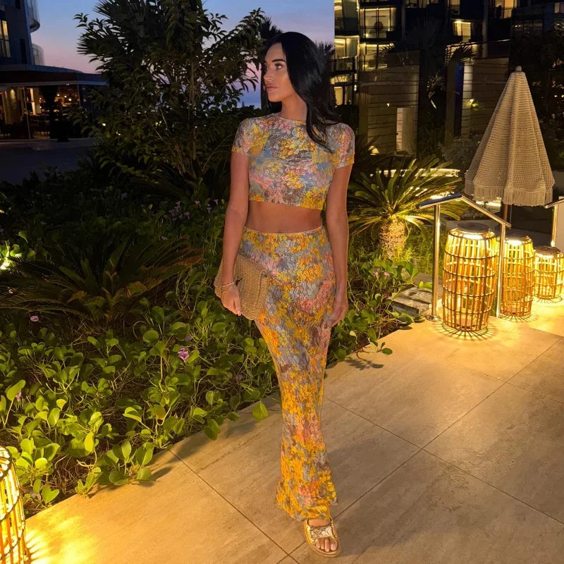 Women Elegant Printing Skirt Suit Chic Round Neck Half Sleeve Top High Waist Slim Fit 2-piece Set 2025 New Summer Fashion Outfit