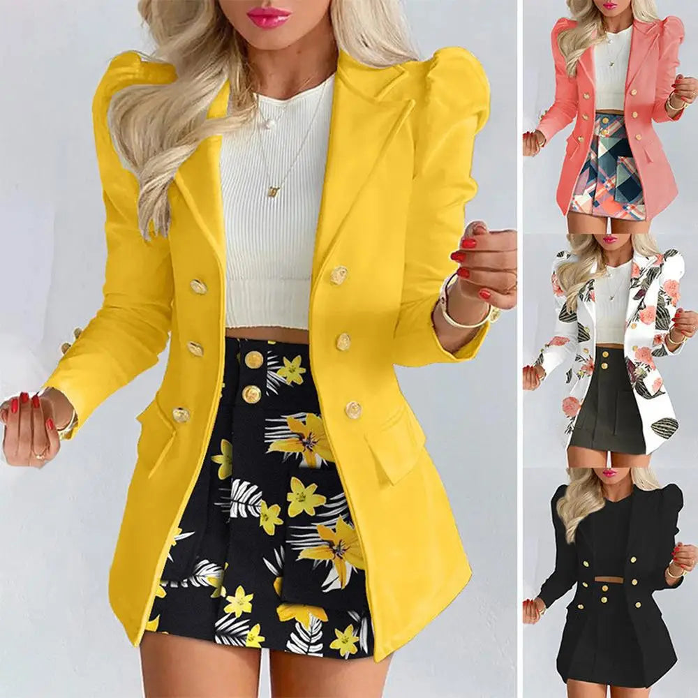 Fashion Versatile Matching Suit and Skirt Women's Casual Floral Print Puff Sleeve Blazer Coat & Skirt Set Ladies Two Piece Suit