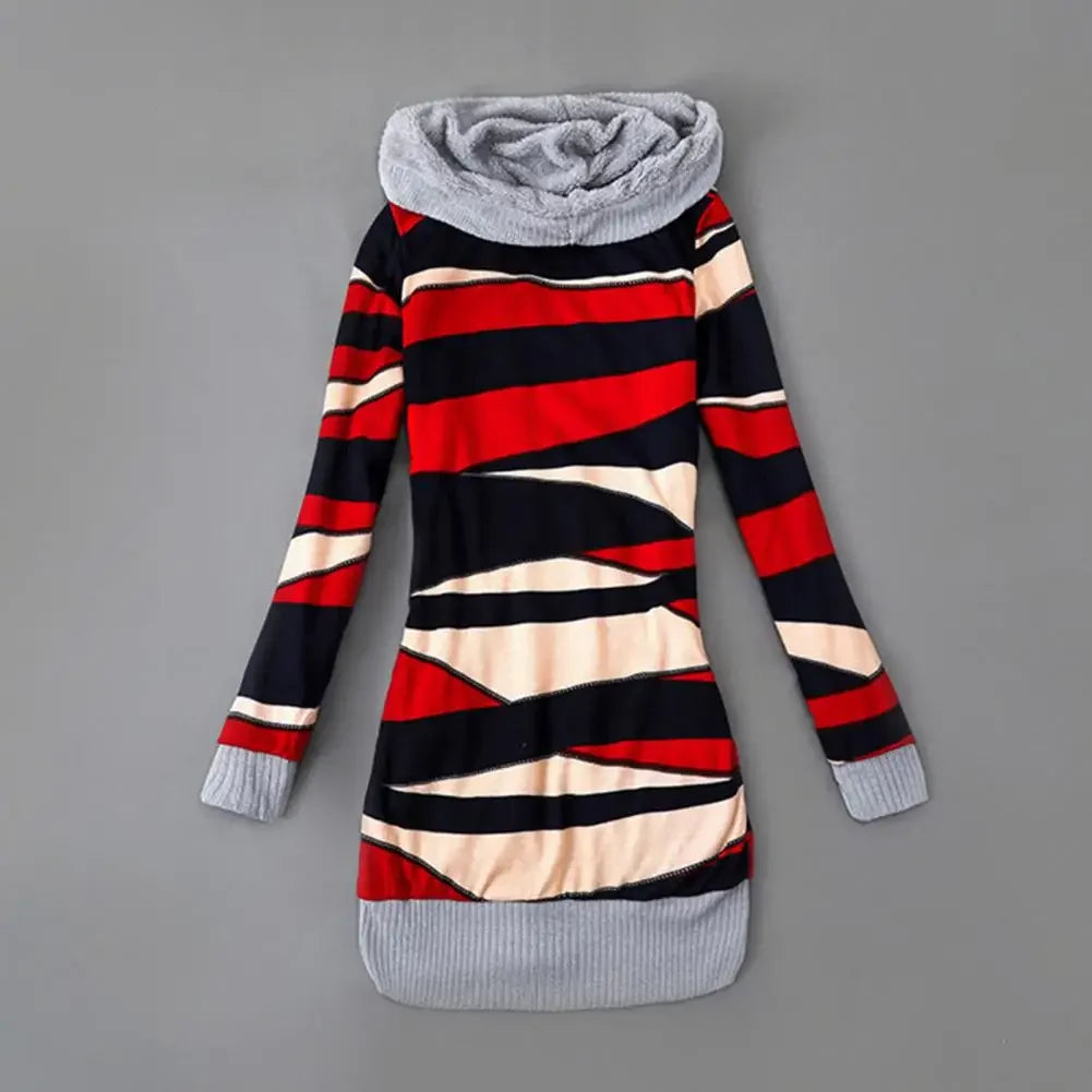 Women Cardigan Striped Print Long Sleeve Sweater Coat Buttons Closure Hooded Plush Lining Sweater Outerwear For Autumn Winter