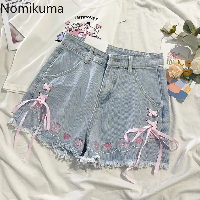 Japanese Denim Shorts Women 2025 New Bottoms Hig Waist Embroidery Bandage Pants Tunic Cute Shorts Pantalones Cortos De Mujer