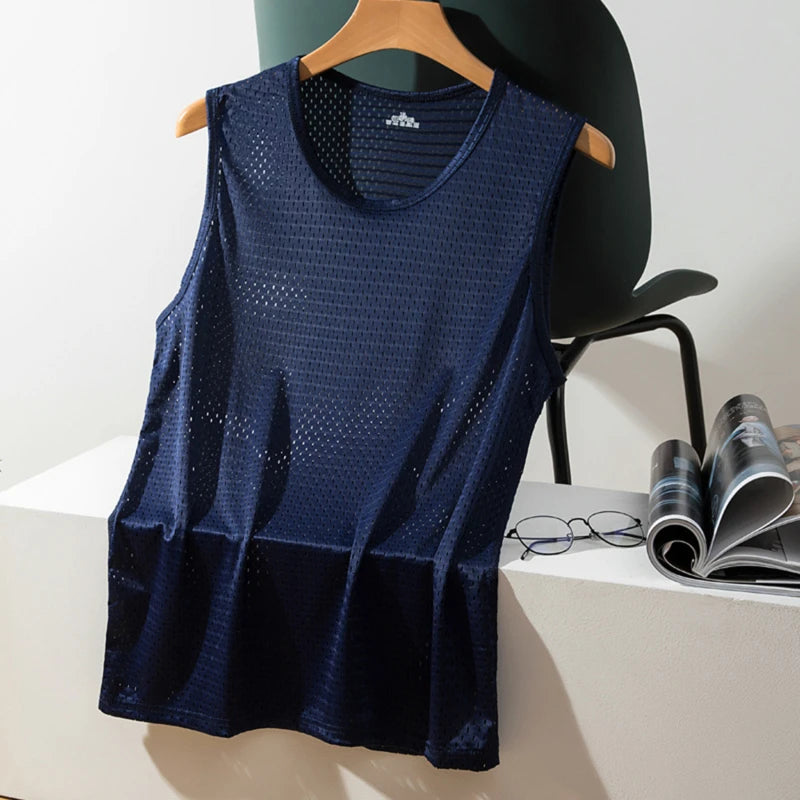 Men Tops Ice Silk Vest Outer Wear Quick-Drying Mesh Hole Breathable Sleeveless T-Shirts Summer Cool Vest Beach Travel Tanks
