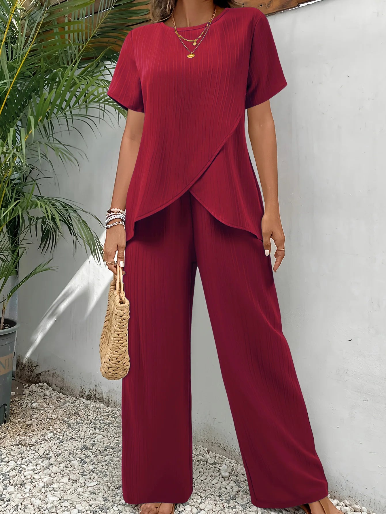 Casual Solid Suit Women 2025 Fashion Round Neck Short Sleeve Irregular Split Top Elastic Waist Trousers Two Piece Set