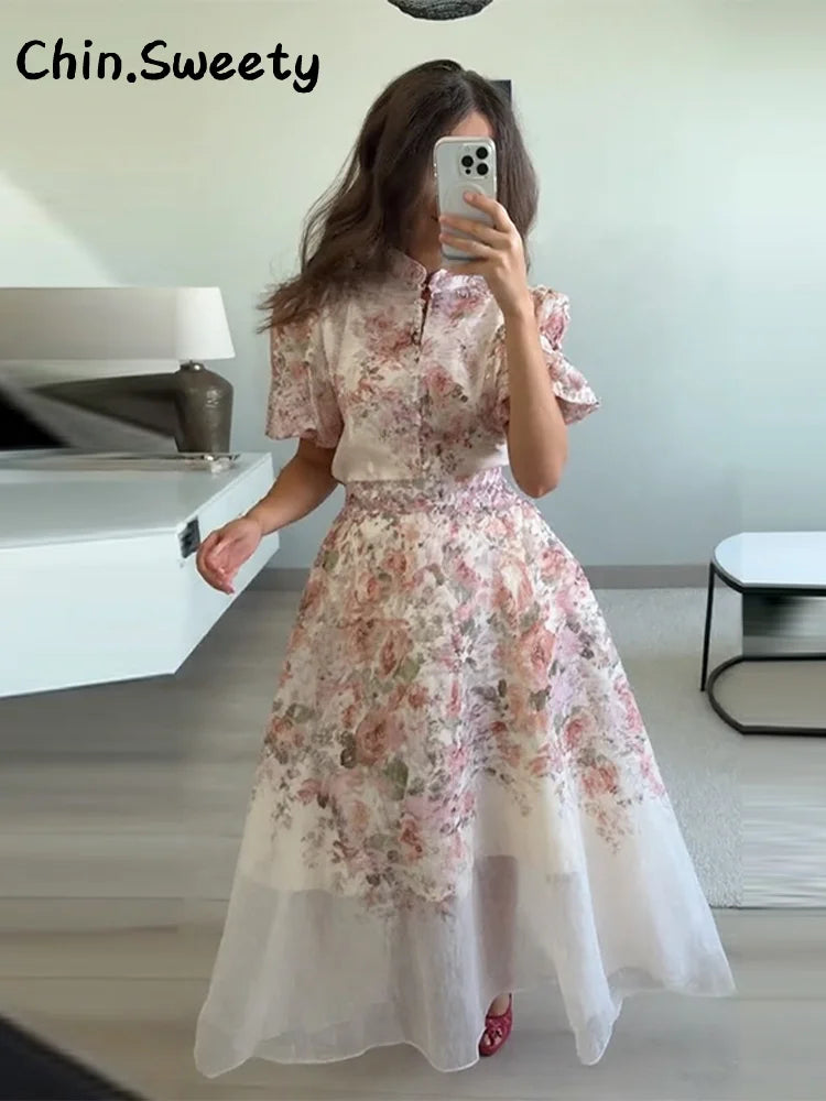 Elegant Floral Printed Long Skirts Set Women Loose Full Sleeve Single Breasted Shirts Pleated Skirt 2025 Summer Lady New Suits
