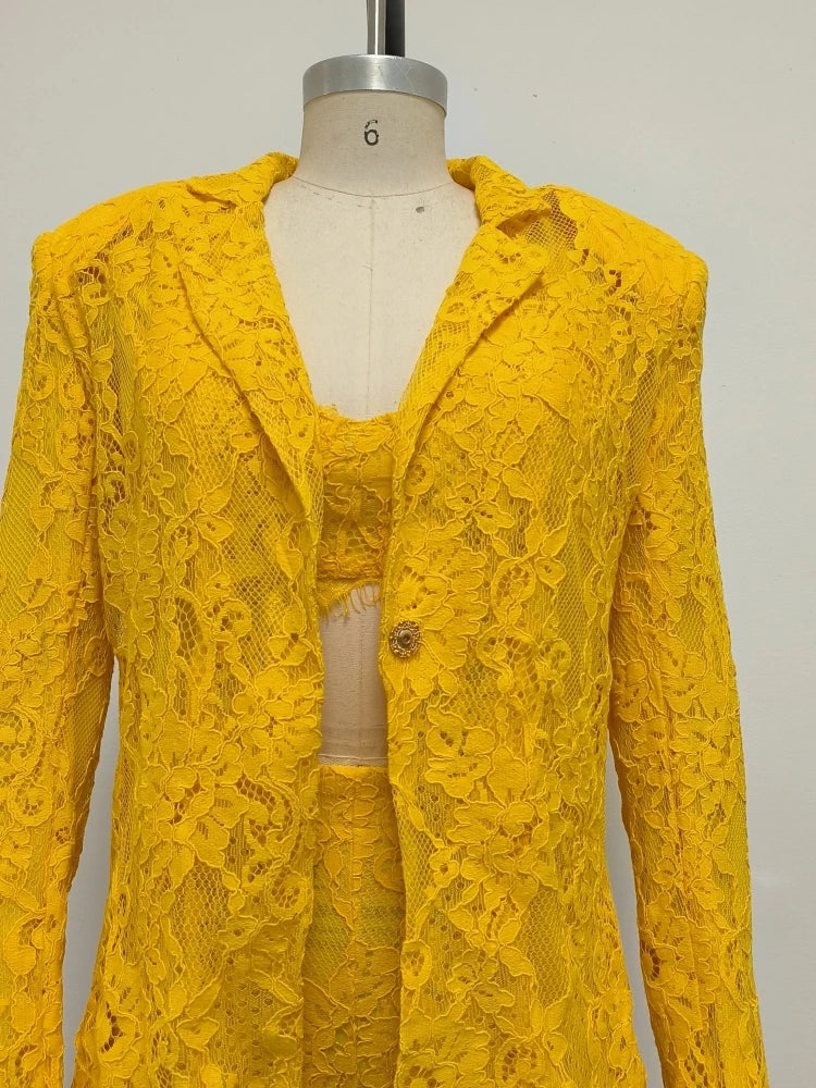 Women Lace Suit 3 Piece Set Sexy Yellow Short Top + Single Button Blazer + Shorts Sets Jacket Coat Suits Party Evening Cocktail