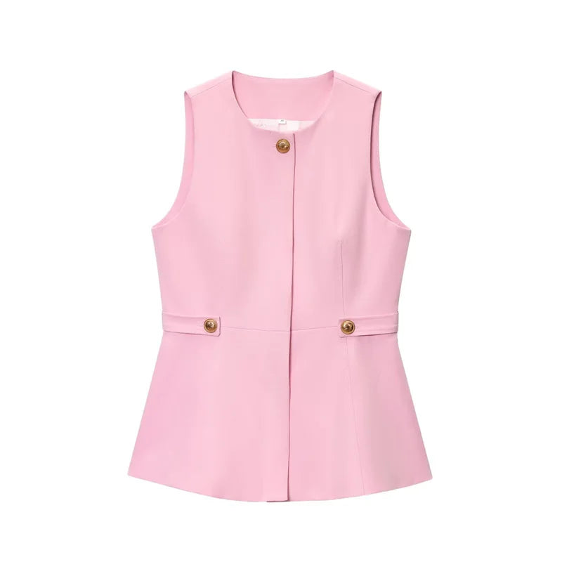 Chic Pink 2-Piece Casual Set - Flared Hem Vest & Wide Leg Pants