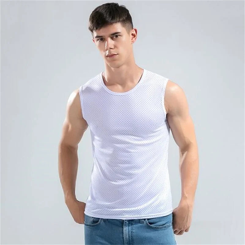 Men Tops Ice Silk Vest Outer Wear Quick-Drying Mesh Hole Breathable Sleeveless T-Shirts Summer Cool Vest Beach Travel Tanks