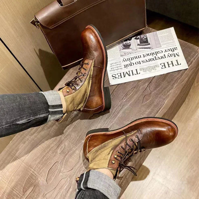 New Brown Boots for Men Black Business Handmade Men's Short Boots Round Toe Slip-On Ankle Boots Motorcycle Boots Combat Boots