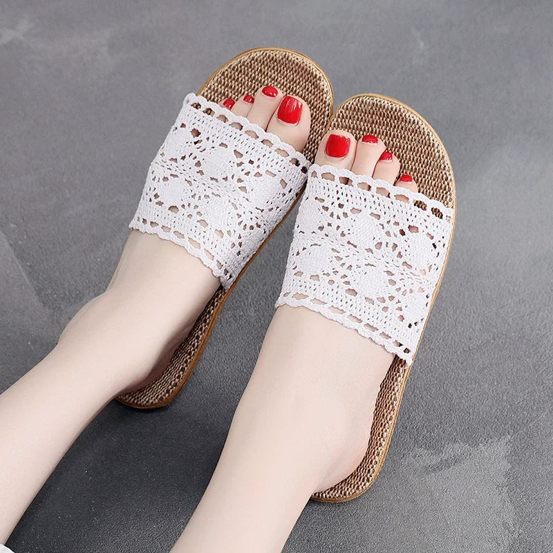 Summer Ladies' Lace Slippers Internet Famous Home Use Anti-Slip Linen Slippers for Women Comfortable Floor Slippers